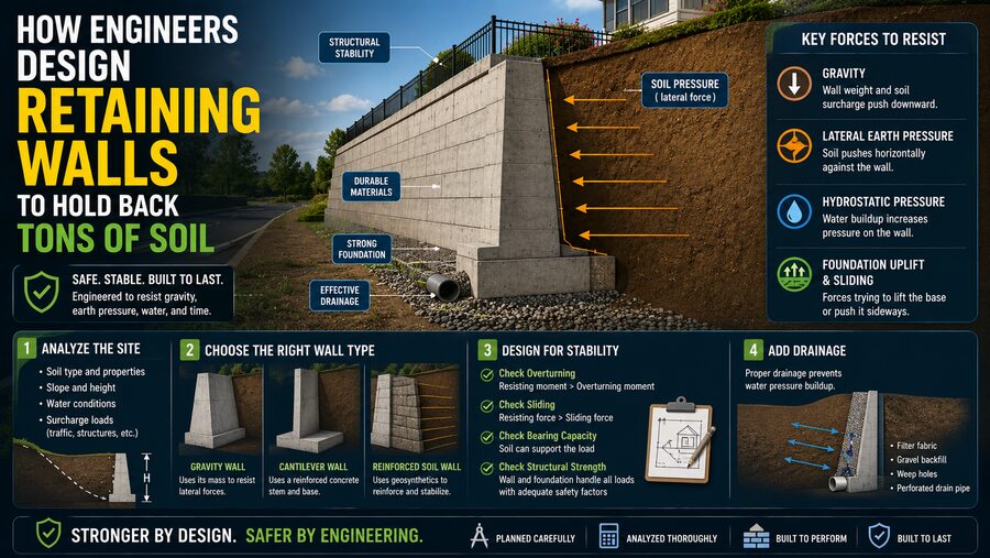 🧱 How Engineers Design Retaining Walls to Hold Back Tons of Soil