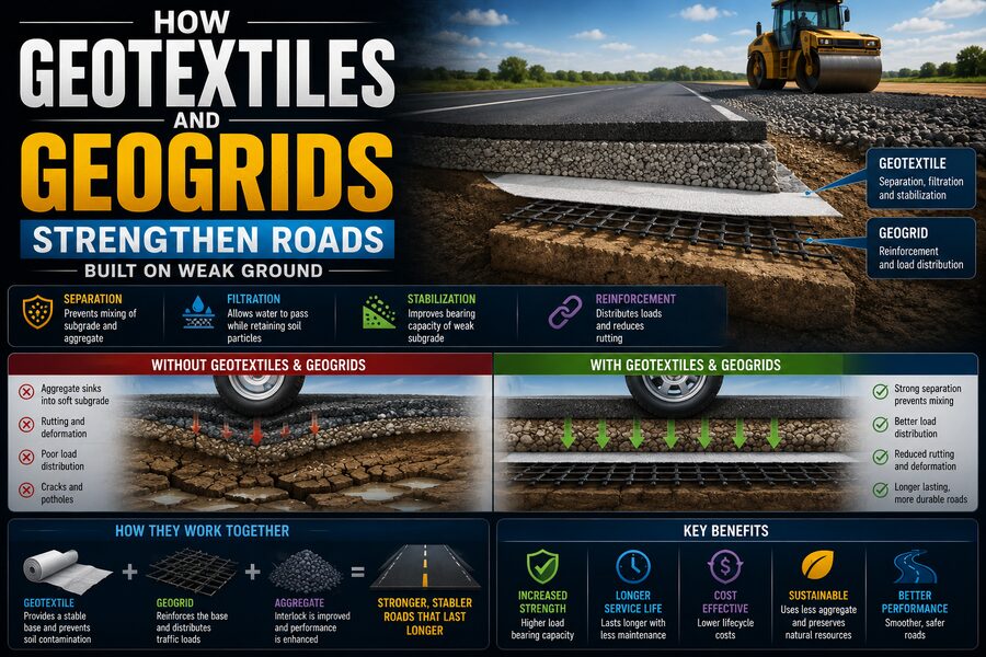 🛣️ How Geotextiles and Geogrids Strengthen Roads Built on Weak Ground