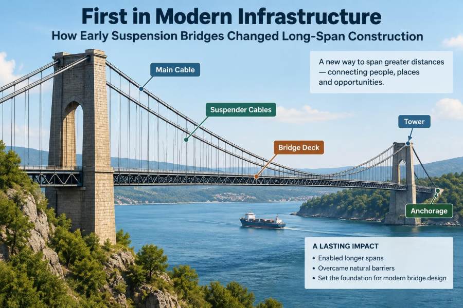 🌉 First in Modern Infrastructure: How Early Suspension Bridges Changed Long-Span Construction