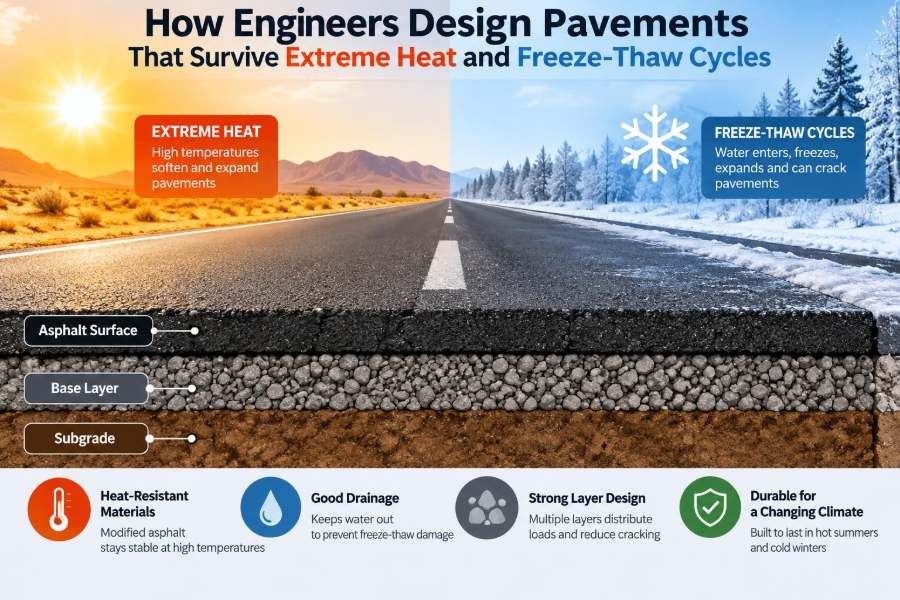 🌡️ How Engineers Design Pavements That Survive Extreme Heat and Freeze-Thaw Cycles