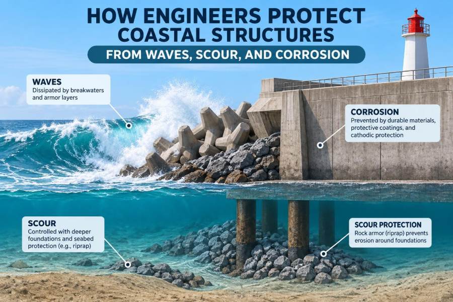 ⚓ How Engineers Protect Coastal Structures from Waves, Scour, and Corrosion