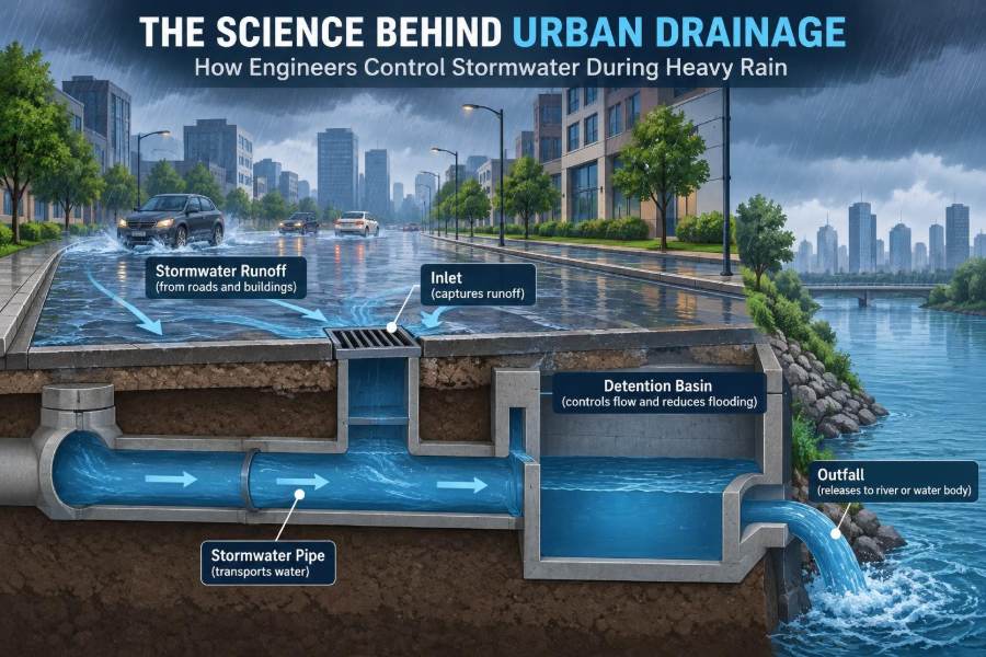 🌧️ The Science Behind Urban Drainage: How Engineers Control Stormwater During Heavy Rain