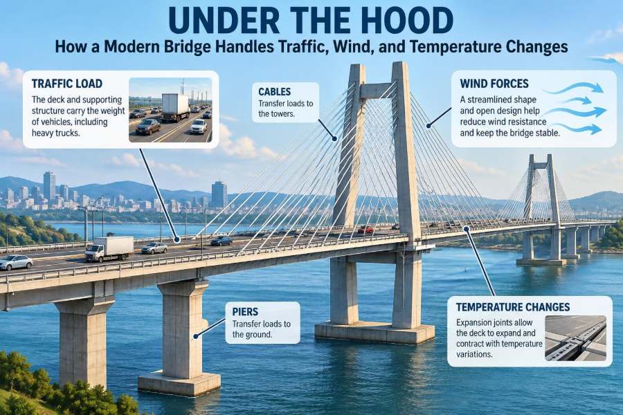 ๐ Under the Hood: How a Modern Bridge Handles Traffic, Wind, and Temperature Changes