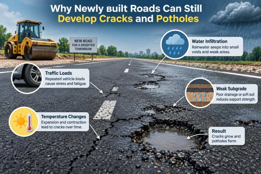 🌧️ Why Newly Built Roads Can Still Develop Cracks and Potholes