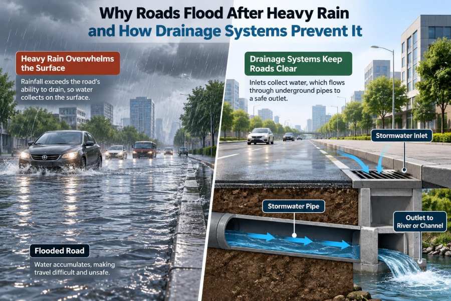 🌧️ Why Roads Flood After Heavy Rain and How Drainage Systems Prevent It