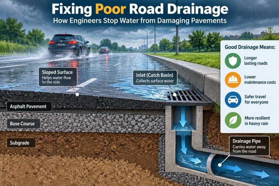 🌧️ Fixing Poor Road Drainage: How Engineers Stop Water from Damaging Pavements