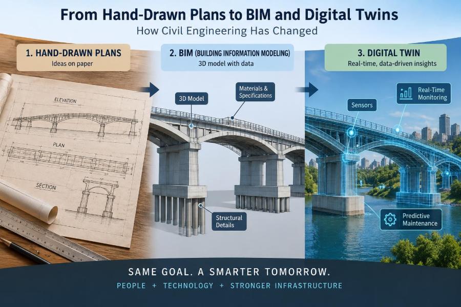 ๐ From Hand-Drawn Plans to BIM and Digital Twins: How Civil Engineering Has Changed