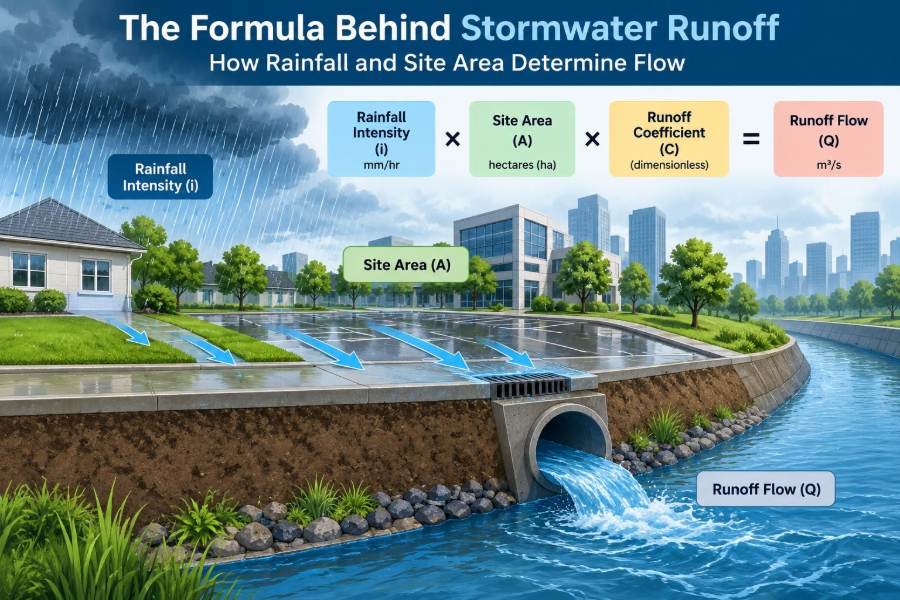 🌧️ The Formula Behind Stormwater Runoff: How Rainfall and Site Area Determine Flow