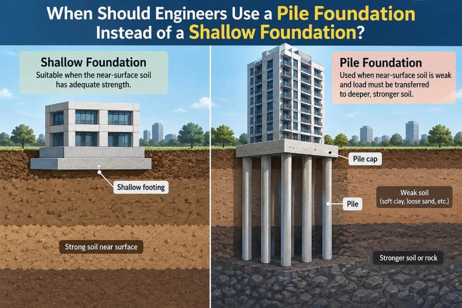 🌉 When Should Engineers Use a Pile Foundation Instead of a Shallow Foundation?